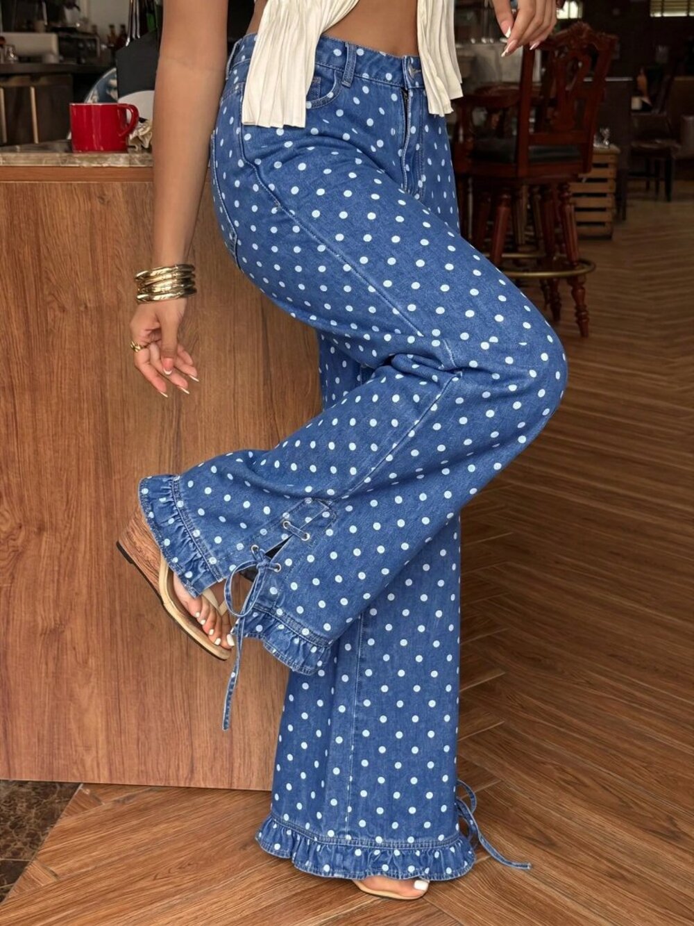 Blue Casual Women's Polka Dot Print Criss-Cross Tie Denim Jeans